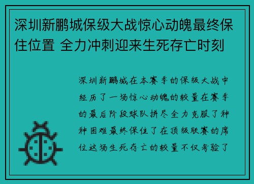 深圳新鹏城保级大战惊心动魄最终保住位置 全力冲刺迎来生死存亡时刻 深圳新鹏城保级大战惊心动魄最终保住位置 全力冲刺迎来生死存亡时刻